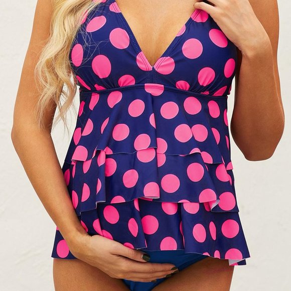 Blue Dot Print Ruffled Layered Maternity Swimsuit - Picture 8 of 11